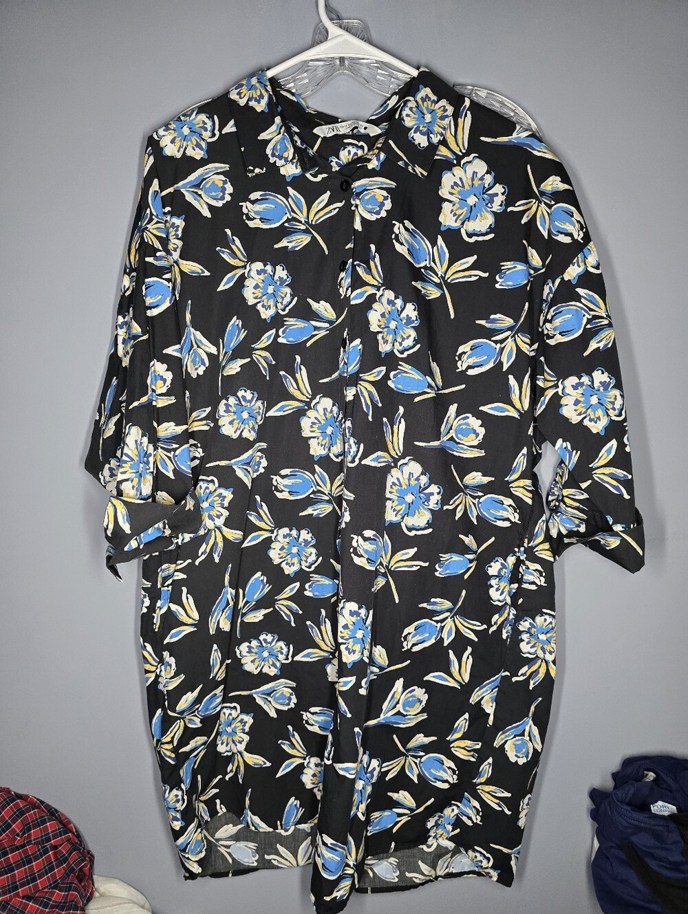 Zara Floral Button Down Shirt Dress-Womens XL-Black/Blue/White/Yellow-Summer